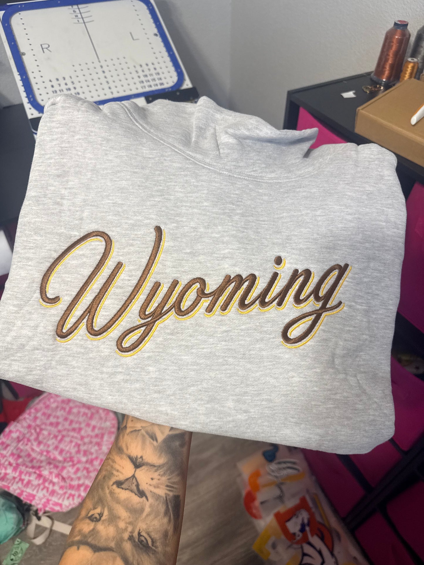 Wyoming Shadow Script | Embroidered Tee | Embroidered Crewneck