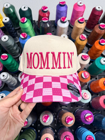 Pink Checkered Trucker Hat | High Pony Hat | MOMMIN Puff | Puff Embroidered