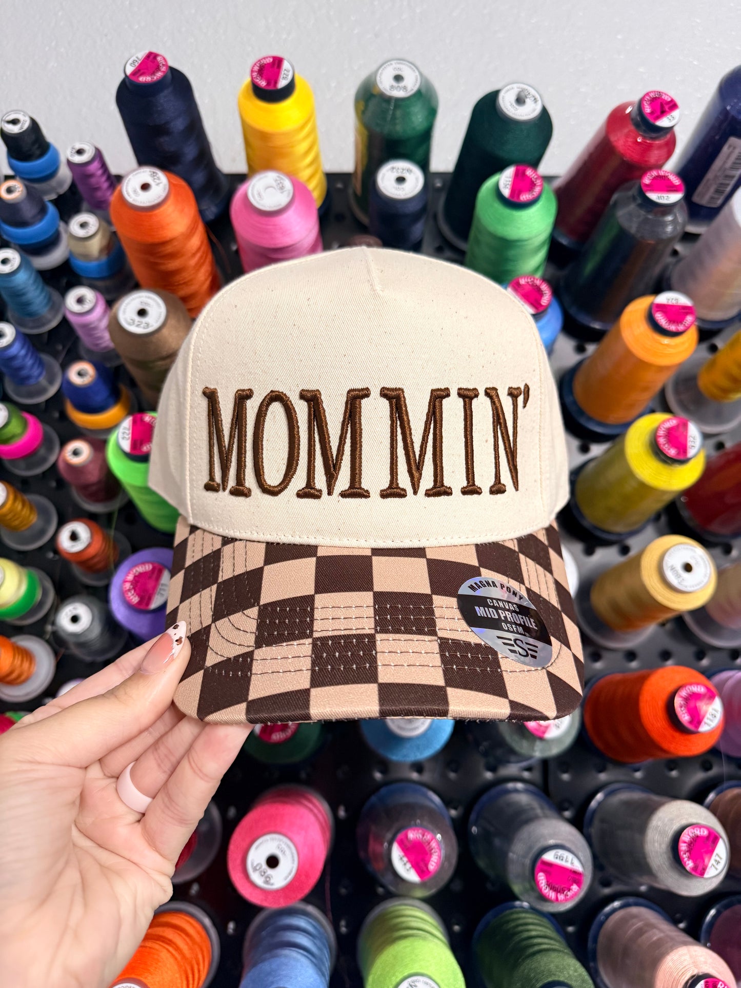 Brown Checkered Trucker Hat | High Pony Hat | MOMMIN / MOTHER Puff | Puff Embroidered