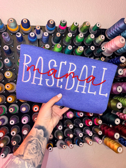 Baseball Mama Crewneck with Split Baseball Bow Design - EMBROIDERED