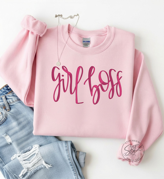 Girl Boss Cursive | Embroidered Tee | Embroidered Crewneck