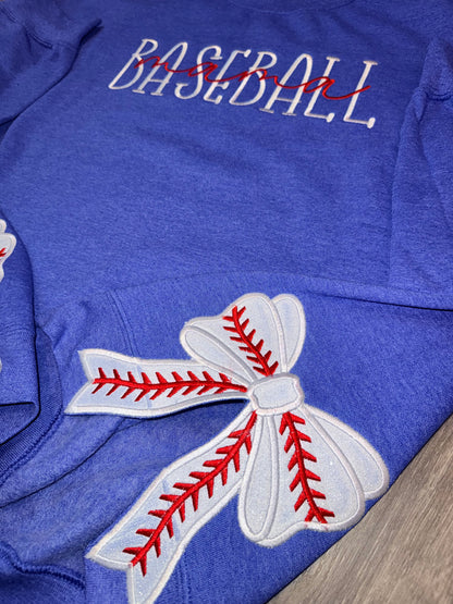 Baseball Mama Crewneck with Split Baseball Bow Design - EMBROIDERED