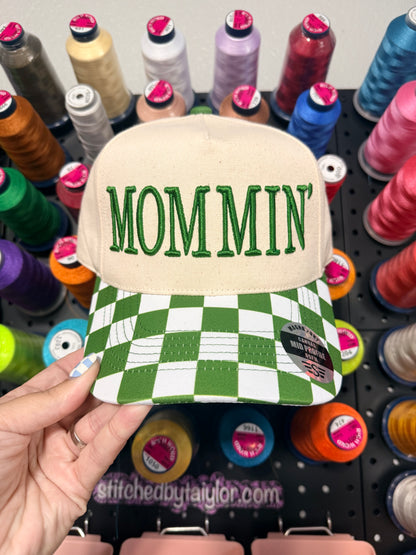 Green Checkered Trucker Hat | High Pony Hat | MOMMIN / MOTHER Puff | Puff Embroidered