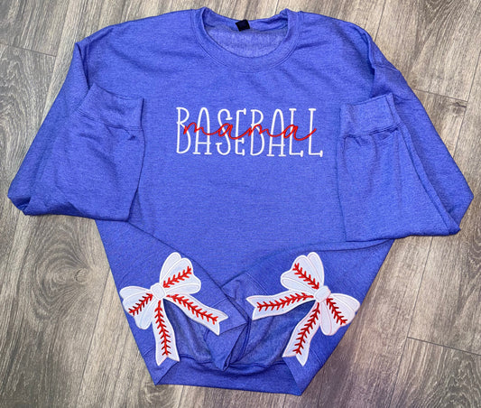 Baseball Mama Crewneck with Split Baseball Bow Design - EMBROIDERED