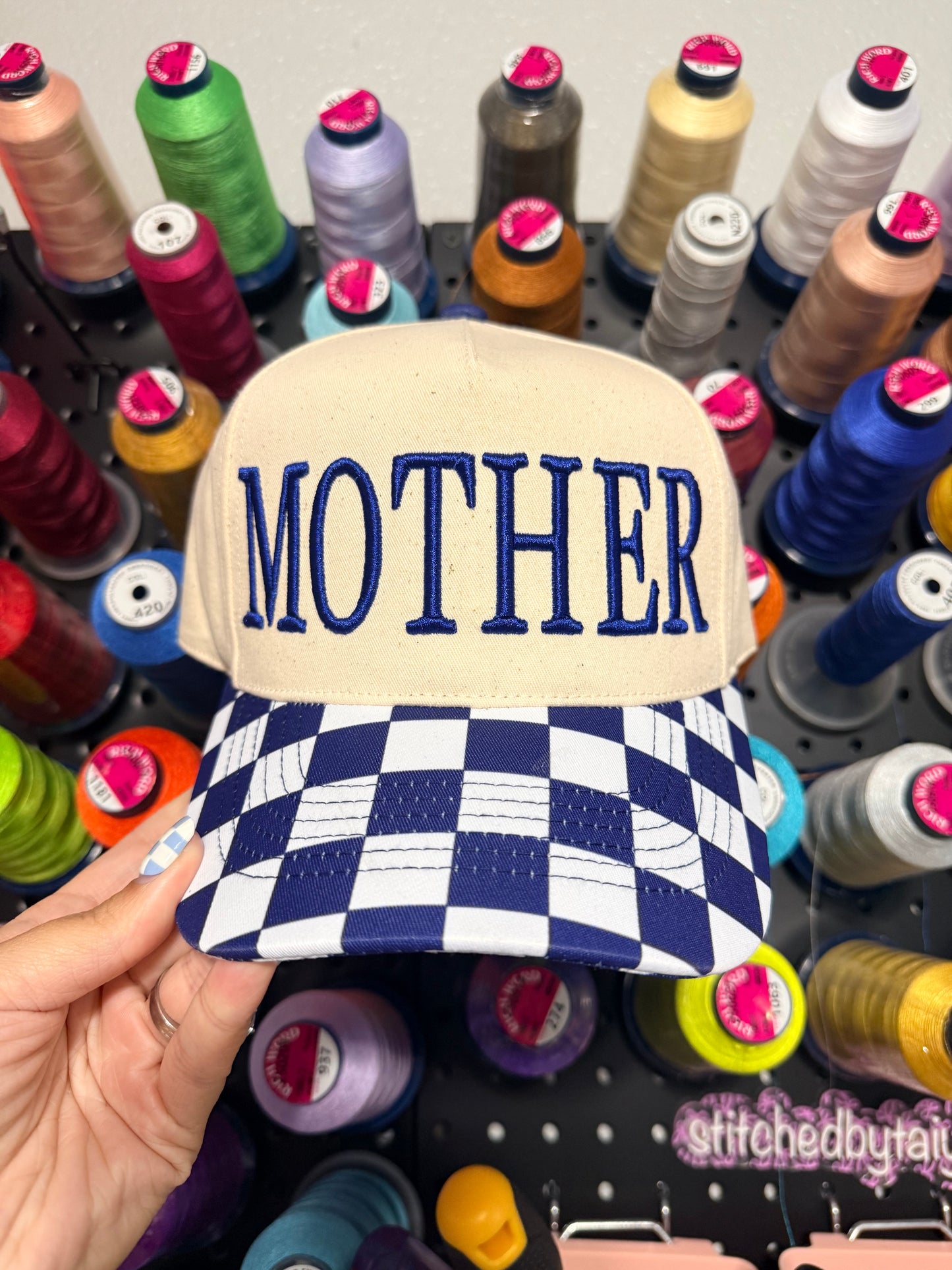 Blue Checkered Trucker Hat | High Pony Hat | MOTHER / MOMMIN Puff | Puff Embroidered