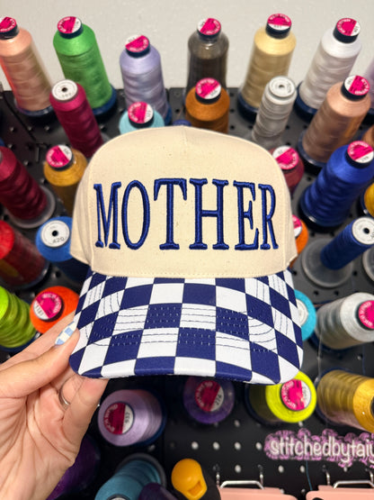Blue Checkered Trucker Hat | High Pony Hat | MOTHER / MOMMIN Puff | Puff Embroidered