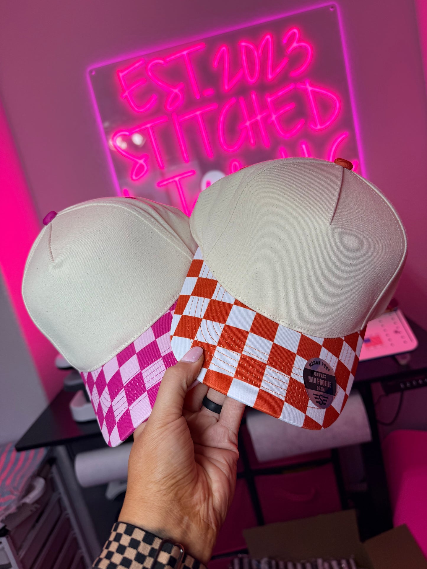 Checkered Trucker Hats | Ponytail Cap | Embroidered