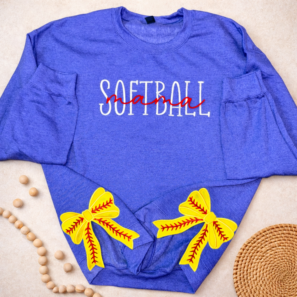 Softball Mama Crewneck with Split Softball Bow Design - EMBROIDERED
