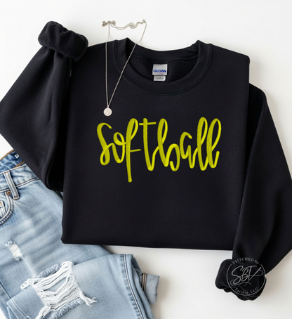 Softball Cursive | Embroidered Tee | Embroidered Crewneck