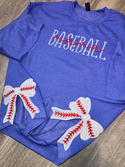Baseball Mama Crewneck with Split Baseball Bow Design - EMBROIDERED
