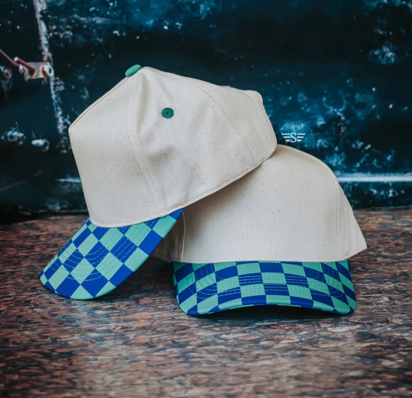 Turquoise/Blue Checkered Trucker Hat | High Pony Hat | MOMMIN / MOTHER Puff | Puff Embroidered