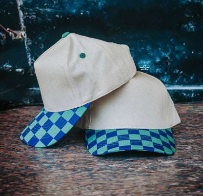 Turquoise/Blue Checkered Trucker Hat | High Pony Hat | MOMMIN / MOTHER Puff | Puff Embroidered