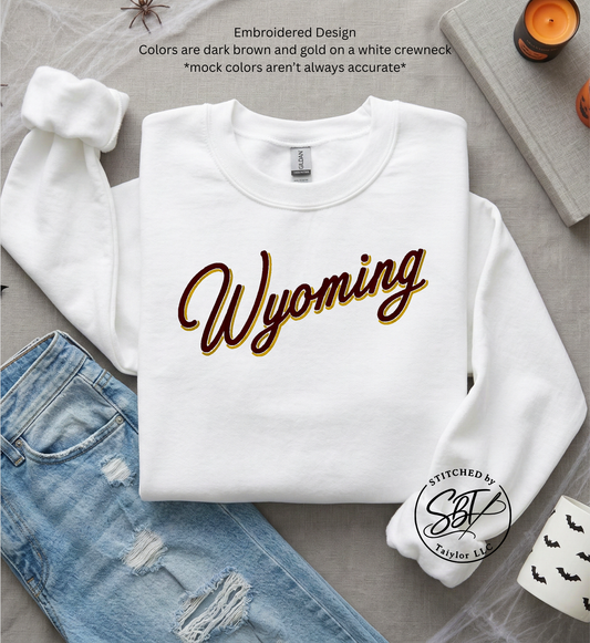 Wyoming Shadow Script | Embroidered Tee | Embroidered Crewneck