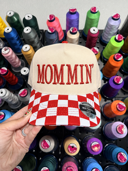 Red Checkered Trucker Hat | High Pony Hat | MOMMIN / MOTHER Puff | Puff Embroidered