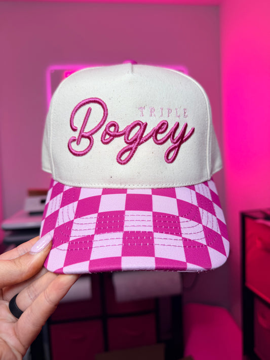 Pink Checkered Trucker Hat | Ponytail Cap | Triple Bogey | Embroidered