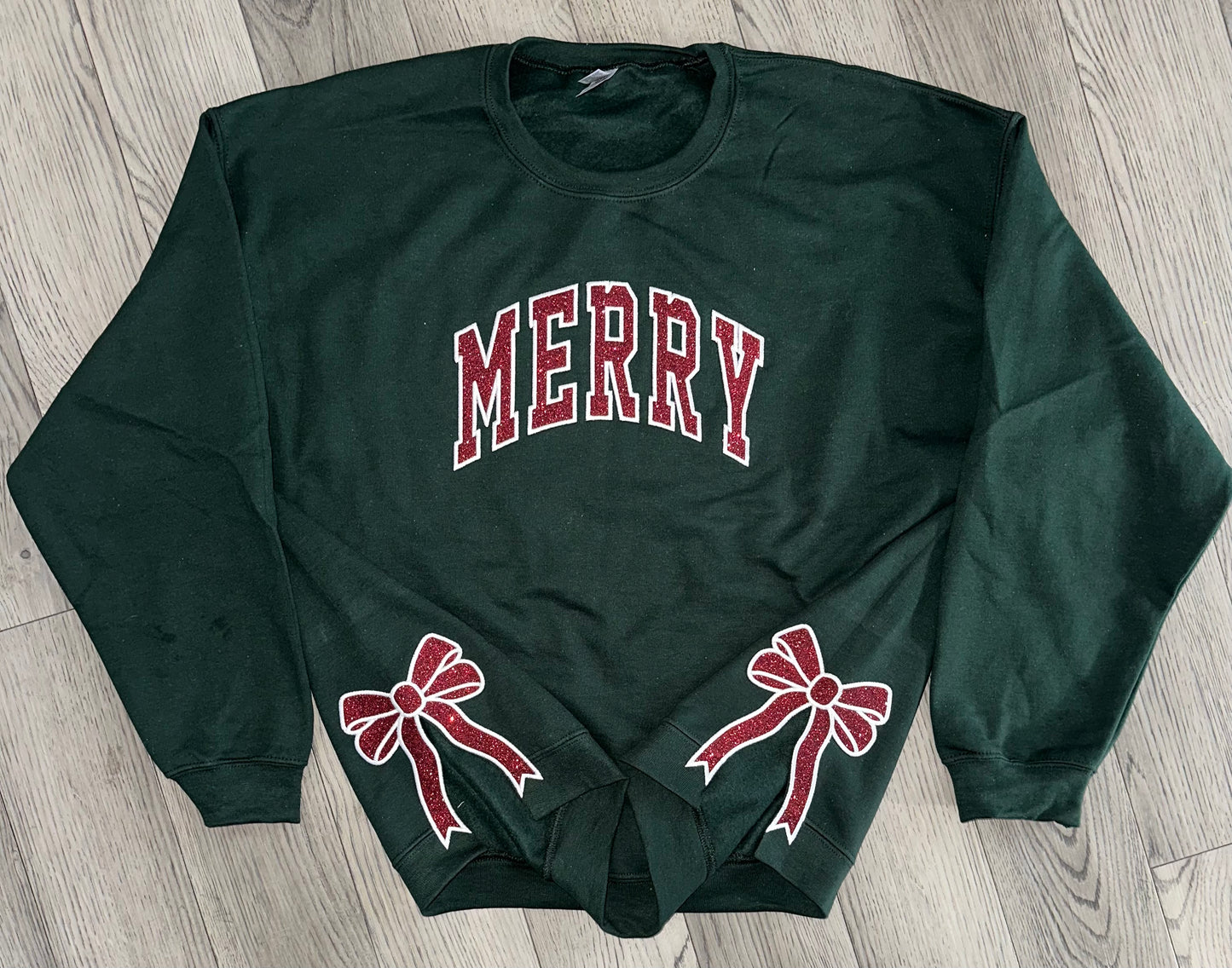 Glitter MERRY Christmas Crewneck with Split Bow Design - EMBROIDERED