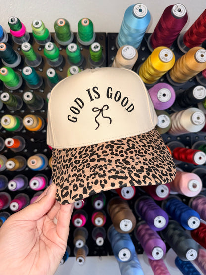 God is Good Bow - Embroidered Cheetah Trucker Hat