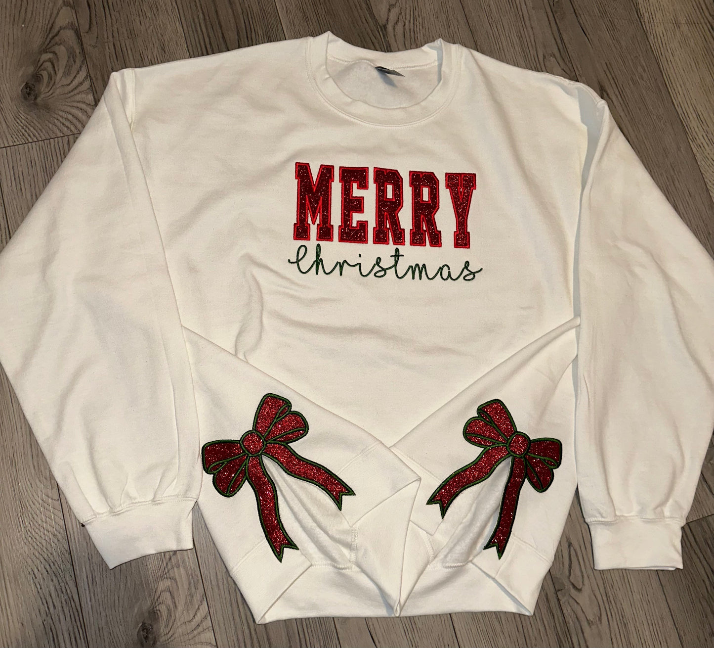 Glitter MERRY Christmas Crewneck with Split Bow Design - EMBROIDERED