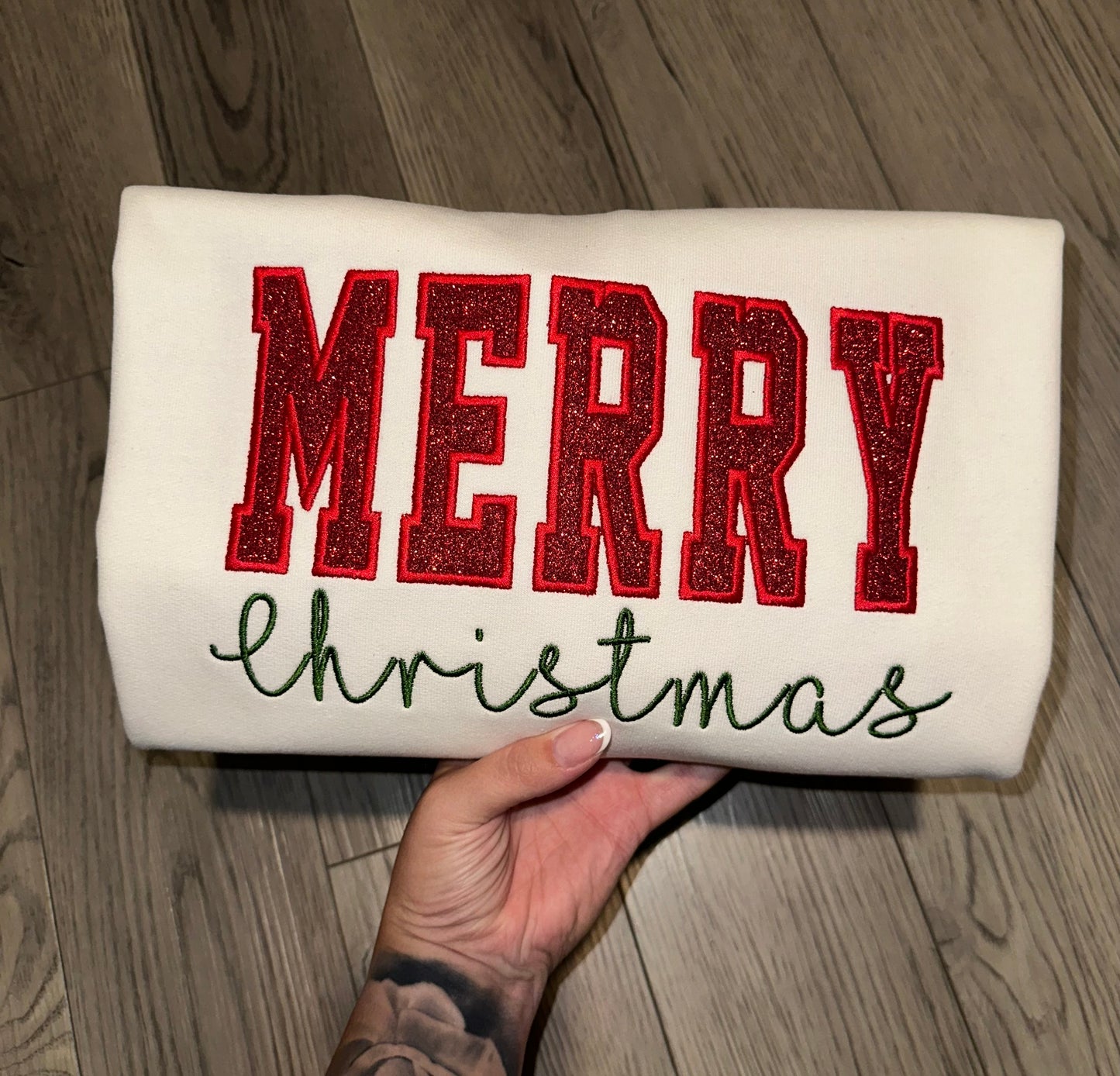 Glitter MERRY Christmas Crewneck with Split Bow Design - EMBROIDERED