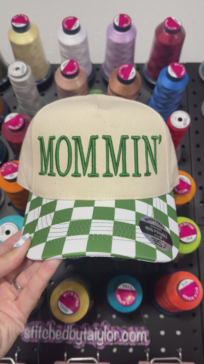 Green Checkered Trucker Hat | High Pony Hat | MOMMIN / MOTHER Puff | Puff Embroidered