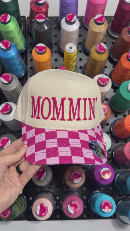 Pink Checkered Trucker Hat | High Pony Hat | MOMMIN Puff | Puff Embroidered