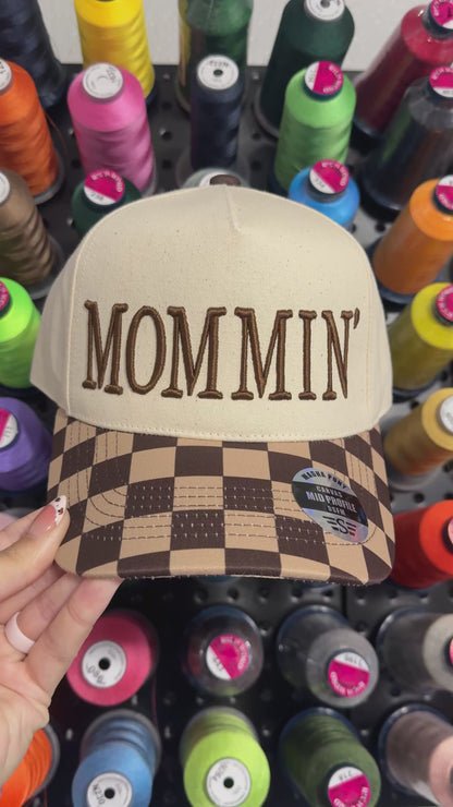 Brown Checkered Trucker Hat | High Pony Hat | MOMMIN / MOTHER Puff | Puff Embroidered